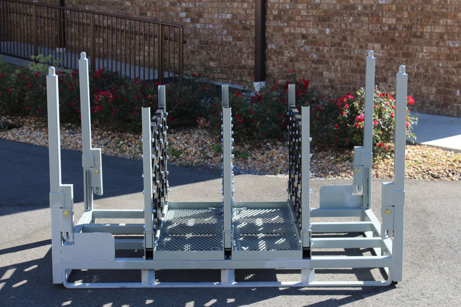 Returnable windshield and glass shipping rack with divided uprights, built by Southern Perfection Fabrication in Byron, GA